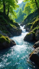 Crystal clear water cascading down a lush green hillside, sunlight illuminating the flowing stream Perfect for nature, environmental, and travel themes , sunlit, nature