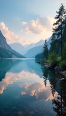 Serene lakeside view, perfect for relaxation and leisure Calm water reflects the tranquil sky, ideal for peaceful contemplation or quiet enjoyment , sun, calm, soothing