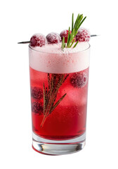 Vibrant cranberry and rosemary gin fizz cocktail in a clear highball glass with a frothy top, sugared cranberries, rosemary sprig, on transparent, elegant festive beverage concept