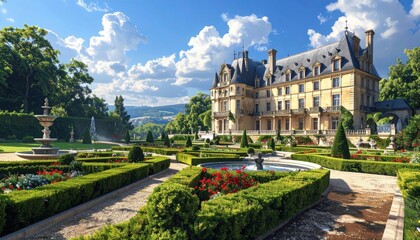 Fototapeta premium A grand estate with meticulously manicured gardens and a stately chateau under a brilliant sky.