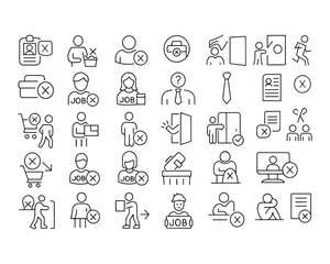 Fototapeta premium Set of outline icons related to jobless, firing, retirement. Linear icon collection
