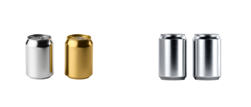 Silver and gold aluminum beverage cans with pull tabs isolated on black, cut out