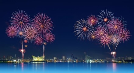 Kobe Fireworks Festival banner background, night sky over port on blue gradient 