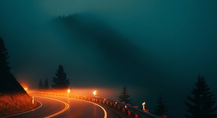 Atmospheric Winding Mountain Road at Night, Illuminated by Warm Orange Glow Amidst Misty Teal Forest