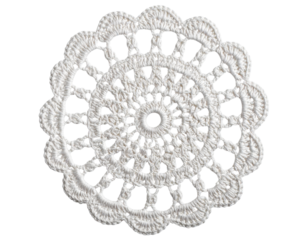 Round Crochet Doily with Floral Pattern, Top View, Isolated Transparent Background PNG