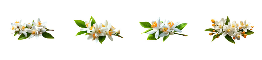 Obraz premium Four clusters of delicate white orange blossoms with vibrant orange stamens and green leaves on transparent background, cut out
