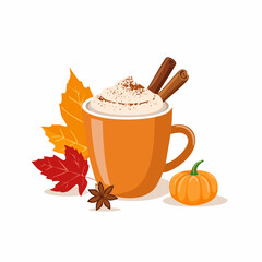 Autumn beverage illustration set with latte, spices and foliage