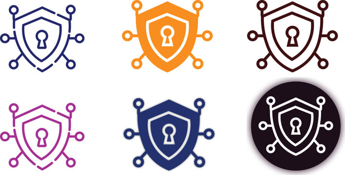 Cybersecurity shield icon set with circuit connections in outline, flat, and glitch styles. Ideal for data protection, network security, firewall, encryption, privacy, and cloud safety.