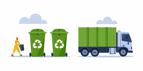 Sanitation worker with recycling bins and garbage truck collecting waste for environmental cleanup services