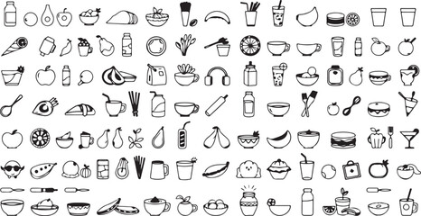 100 Food and Drink Line Art Icons Set. Simple and Bold Vector Collection