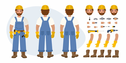Construction worker character kit with front and back views and customizable body parts and tools