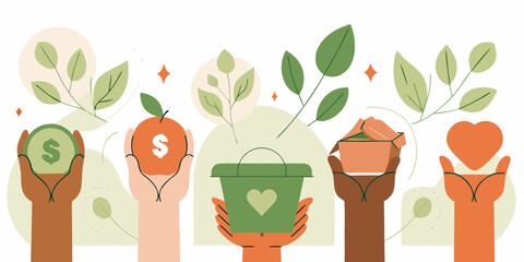 Diverse hands offering support and donations for charitable causes and community aid