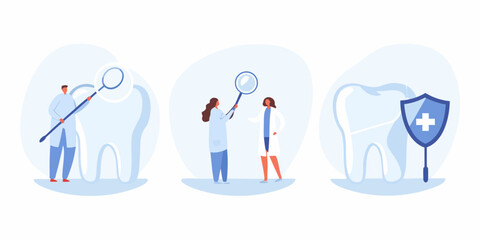 Dentists examining a large tooth with a magnifying glass and a tooth protected by a shield symbolizing dental care and health