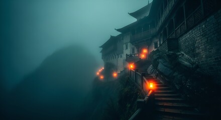 Obraz premium Mystical Asian Temple Ascends Through Ethereal Fog, Illuminated by Fiery Lanterns