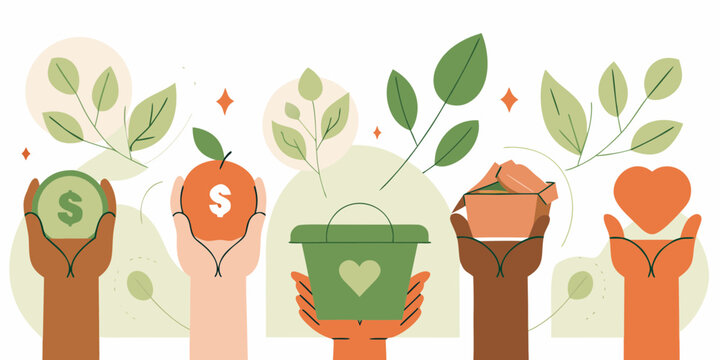 Diverse hands offering support and donations for charitable causes and community aid - Powered by Adobe