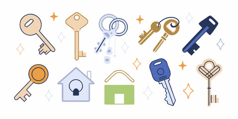 Collection of stylized keys and house icons with sparkling stars on a white background