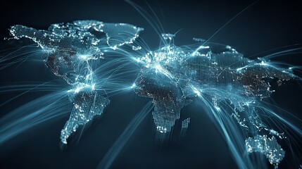 Abstract Global Connectivity: Blue Lines and Dotted World Map Representing Worldwide Data Transmission