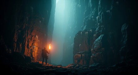 Fototapeta premium Torchlight on Icicles: A Solitary Figure Ventures into a Grand, Frozen Canyon