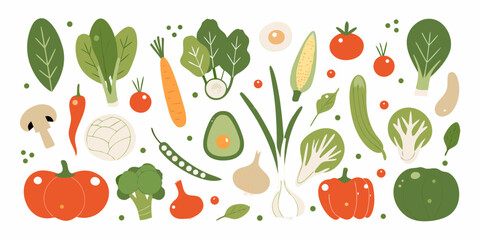 A colorful collection of fresh vegetables and healthy food items arranged in a pattern