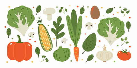 Vibrant assortment of fresh vegetables and healthy food elements in a flat design style
