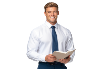 Handsome businessman in a white shirt and blue tie smiling warmly, holding an open book or notebook in a studio setting