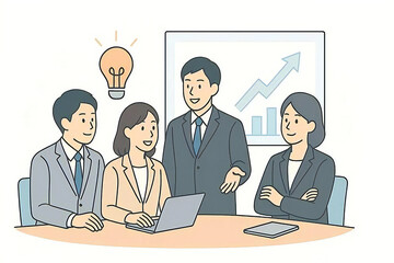 会議室でのビジネスチームの打ち合わせを描いたイラスト。スーツ姿の男女がノートPCやタブレットを使いながら意見交換を行い、成長を示すグラフや電球のアイコンがアイデアと成功を象徴するビジネスシーン。プレゼン資料、企業研修、広告などに幅広く活用可能なベクター素材。