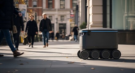 Autonomous delivery robot navigates busy city street alongside pedestrians in modern urban environment