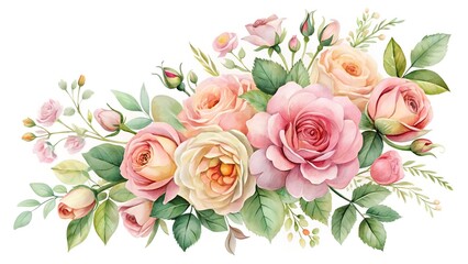 Photo of a charming watercolor bouquet of soft pink and peach roses with green leaves and buds, showcasing delicate petals and a romantic, vintage aesthetic