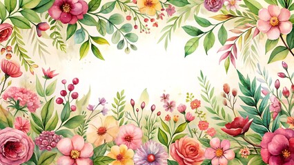 Photo of a vibrant watercolor floral frame with a variety of colorful flowers and green leaves, creating a beautiful border