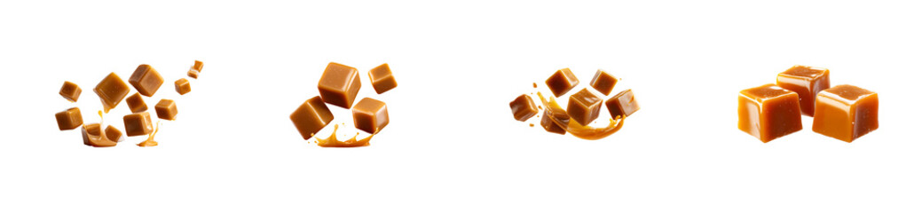Multiple caramel candies falling with liquid splashes, cut out