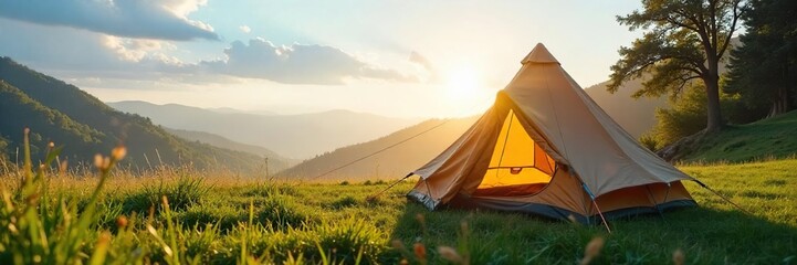 Crisp morning air, dew-kissed grass, a canvas tent pitched under a clear blue sky, preparing for a day of outdoor adventure The perfect camping weather scene , sunrise, vibrant, climate