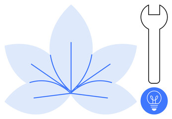 Floral motif with abstract lines, wrench symbol, and light bulb icon representing creativity, innovation. Ideal for eco-friendly concepts, repair, growth, DIY, nature innovation tools simple