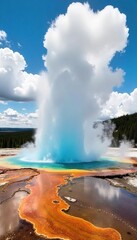 Spectacular eruption of Old Faithful geyser in Yellowstone National Park, hot water, steam, and mineral deposits A breathtaking display of nature's power , wilderness, eruption