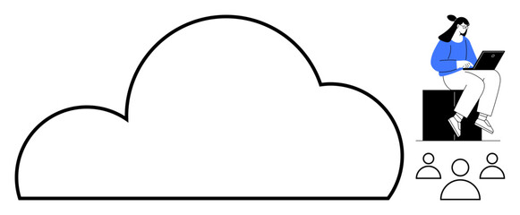 Large cloud outline with a woman working on a laptop, accompanied by group icons. Ideal for teamwork, cloud storage, connectivity, remote work, information sharing, app development, simple flat