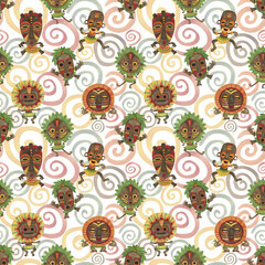 Seamless pattern with African masks on the background of colored spirals. Watercolor illustration, cartoon. Drawing for textiles, paper, cards, stickers. Mask, face, Africa, pattern, spiral
