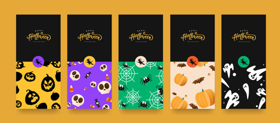 Halloween cartoon kids pattern set with cute pumpkins candy skulls ghosts bats and spiders perfect for holiday packaging party decoration and playful seasonal design