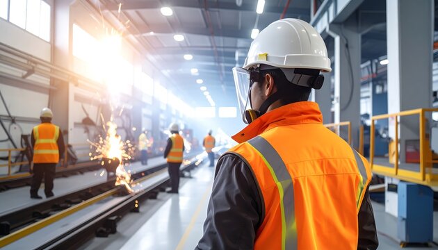 A person in safety gear watches sparks fly as metal work is done. Other workers in orange vests and helmets are also visible in the background. Bright lights illuminate the warehouse interior