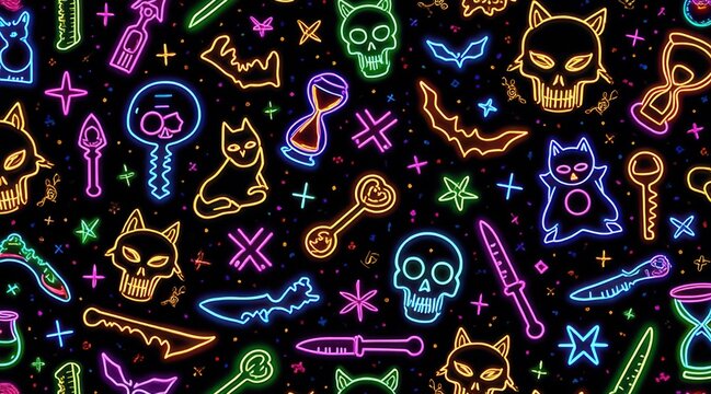 Vibrant neon seamless pattern of spooky and magical symbols like skulls, bats, cats, and hourglasses on a black background