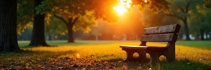 Serene sunrise illuminates a park bench, bathed in golden light Perfect for peaceful morning, relaxation, and nature themes Ideal for websites, blogs, and social media posts , fresh start, summer