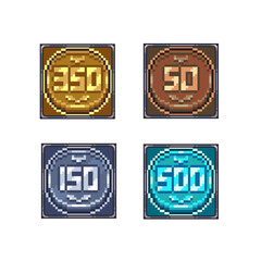 Set of pixel-art coins with value numbers (50, 150, 350, 500). Bronze, silver, gold, and blue glowing colors. Useful as currency or collectible icons in retro games.