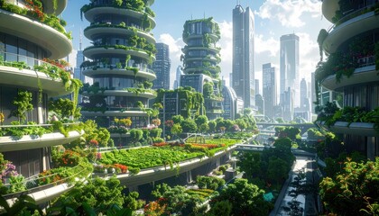 Obraz premium A vibrant, futuristic cityscape, teeming with lush vegetation, showcasing spiraling buildings and a peaceful, green urban landscape.
