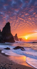 Coastal Sunset Over Rocky Shore.