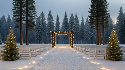 A serene winter wedding scene with snow-covered trees, white chairs lined along a snowy path leading to a decorated archway.