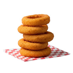 Perfectly stacked golden-brown crispy onion rings on red and white checkered wax paper, against a transparent background, isolated with soft studio light, professional food photography concept