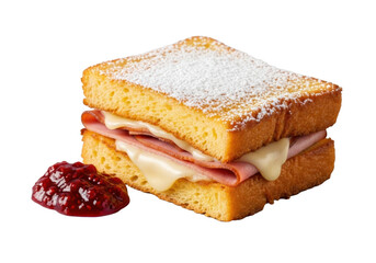 Freshly prepared Monte Cristo sandwich, golden-brown brioche, ham, melted Swiss, powdered sugar, vibrant raspberry jam, isolated transparent background, appetizing culinary creation