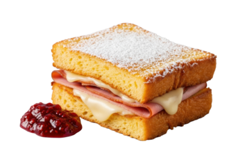 Freshly prepared Monte Cristo sandwich, golden-brown brioche, ham, melted Swiss, powdered sugar, vibrant raspberry jam, isolated transparent background, appetizing culinary creation