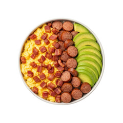Golden fluffy scrambled eggs, crispy bacon, sliced sausage & fresh avocado in a breakfast bowl, a detailed top-down flat lay on transparent, concept of healthy morning meal