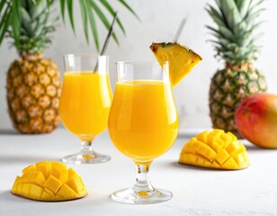 Two glasses of vibrant yellow pineapple juice, garnished with pineapple slices, sit on a white surface, surrounded by fresh mango and pineapple, creating a refreshing and tropical scene.
