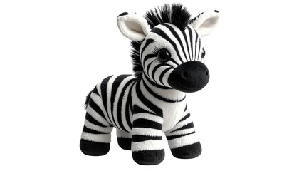 Realistic zebra plushie doll with soft texture, black and white stripes, isolated on transparent background, PNG format.
