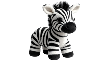 Realistic zebra plushie doll with soft texture, black and white stripes, isolated on transparent background, PNG format.
